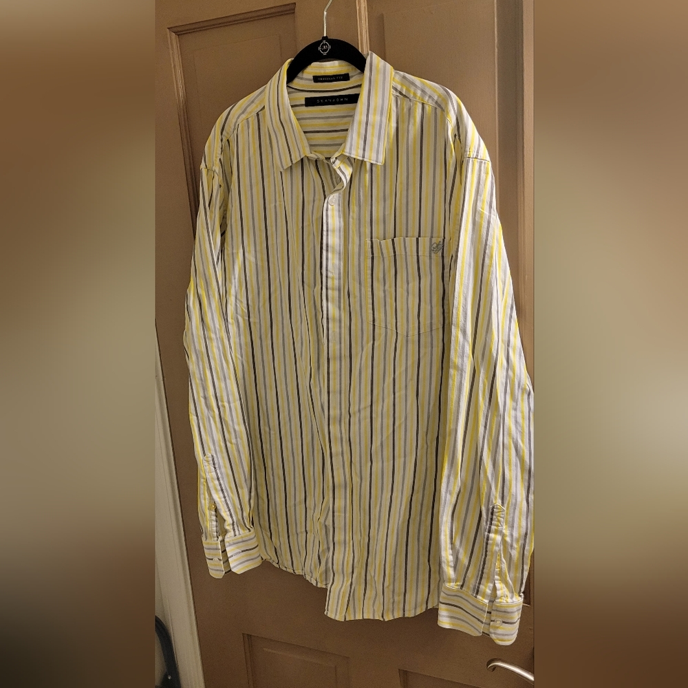 * VTG Sean John Long Sleeve Button Down Shirt Men’s XXXL Yellow Stripes Y2K